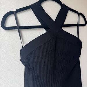 Babaton Black Ribbed Cross Neck Cocktail Dress